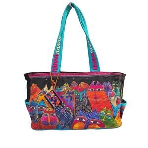 Laurel Burch Fantastic Felines Canvas Tote Shoulder Bag Multi Color Cat Print